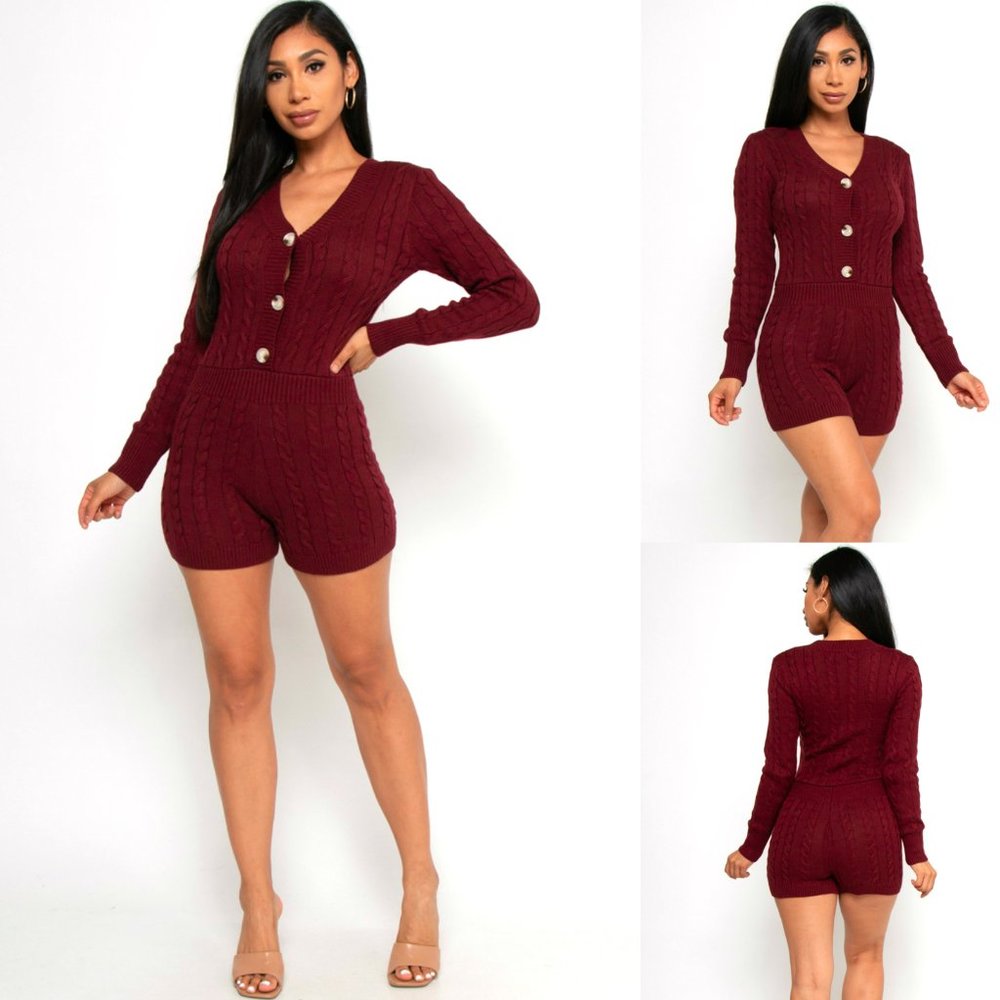NWT Sweaterland thick Cable KNIT V-NECK LONG SLEEVE sweater ROMPER S,M,L, Wine